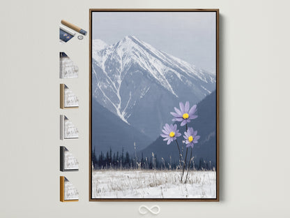 A mountain flower canvas print is showcased in a brown frame. Explore frame options on the side. This snowy peak wall art brings winter landscape beauty to your bedroom wall decor. The lilac flowers add a touch of modern style.