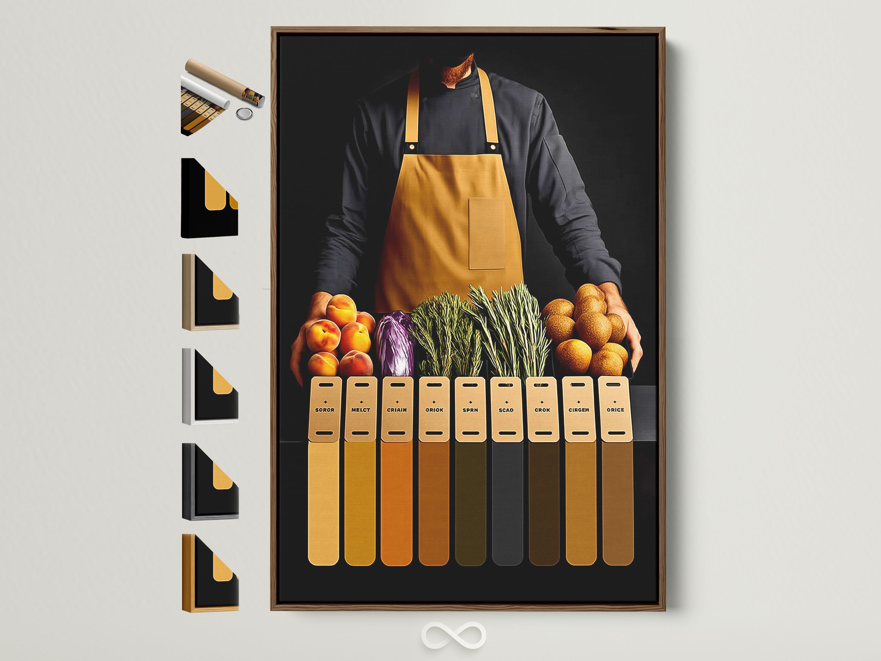 Culinary Still Life artwork in a brown frame. The image shows all the frame options available on the side.  This modern foodie art is perfect for dining room decor. It will add a touch of sophistication to any space. Ideal for chefs and restaurant owners.