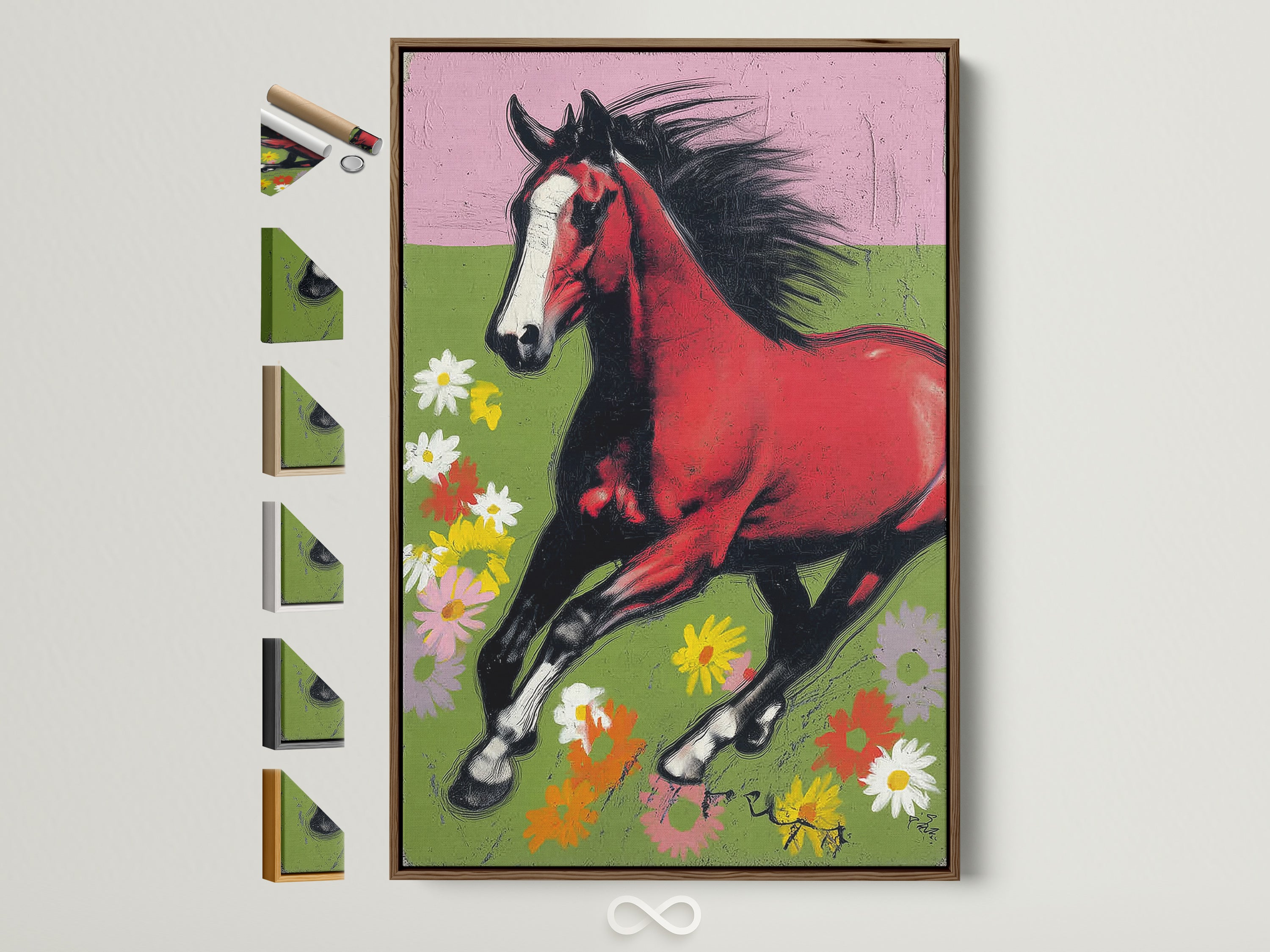 A captivating red bay horse artwork is framed in brown. The artwork features a horse galloping through a floral meadow. A variety of frame styles are displayed. Perfect for adding rustic charm to your home decor. This art piece is ideal for horse and nature enthusiasts.