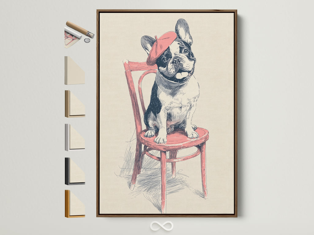 French Bulldog art print in a brown frame. See frame options available on the side. This whimsical pet portrait adds charm to any room. A great piece of animal wall art for home decor. Perfect for dog lovers seeking quirky artwork.