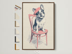 French Bulldog art print in a brown frame. See frame options available on the side. This whimsical pet portrait adds charm to any room. A great piece of animal wall art for home decor. Perfect for dog lovers seeking quirky artwork.