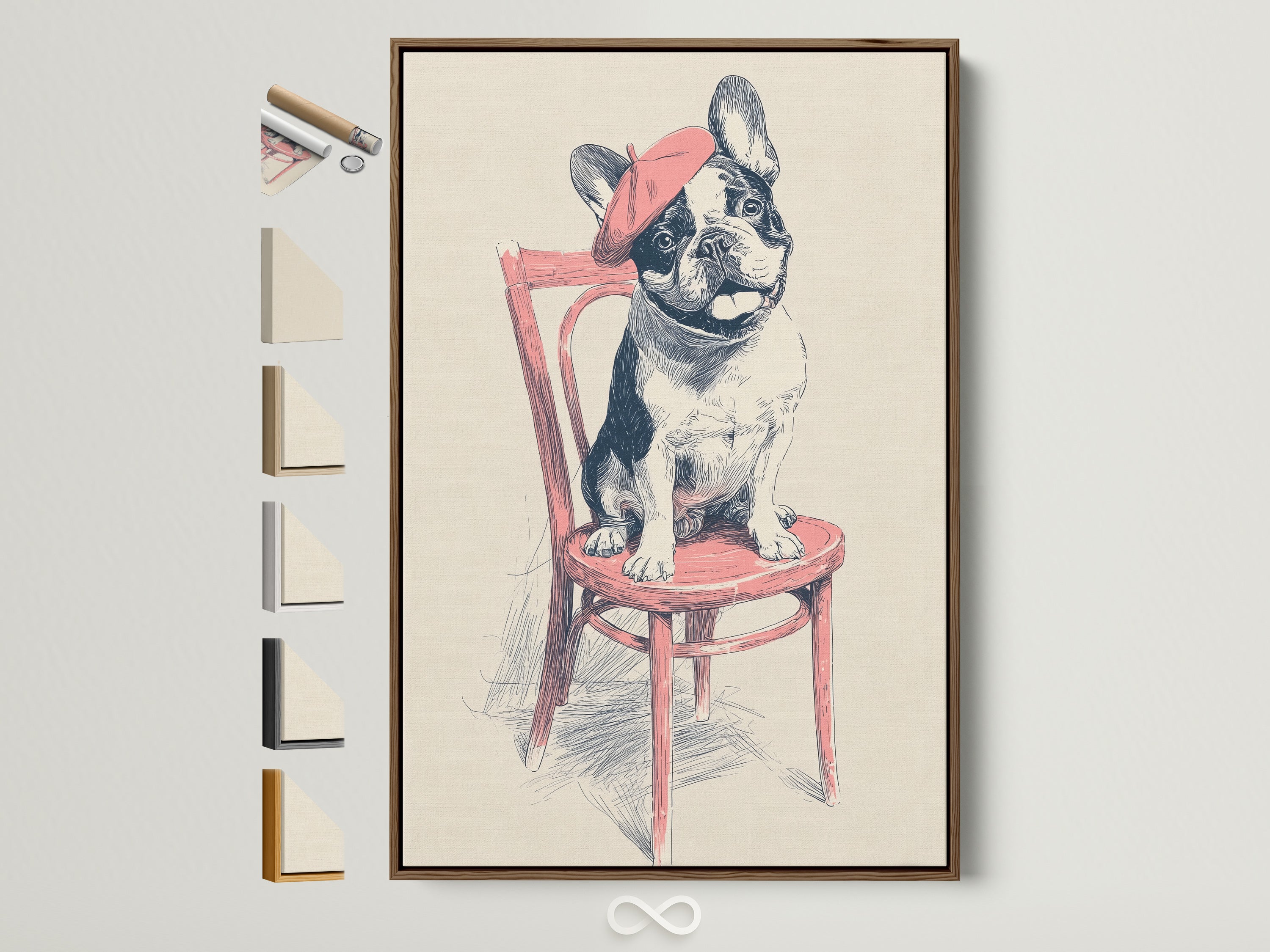 French Bulldog art print in a brown frame. See frame options available on the side. This whimsical pet portrait adds charm to any room. A great piece of animal wall art for home decor. Perfect for dog lovers seeking quirky artwork.