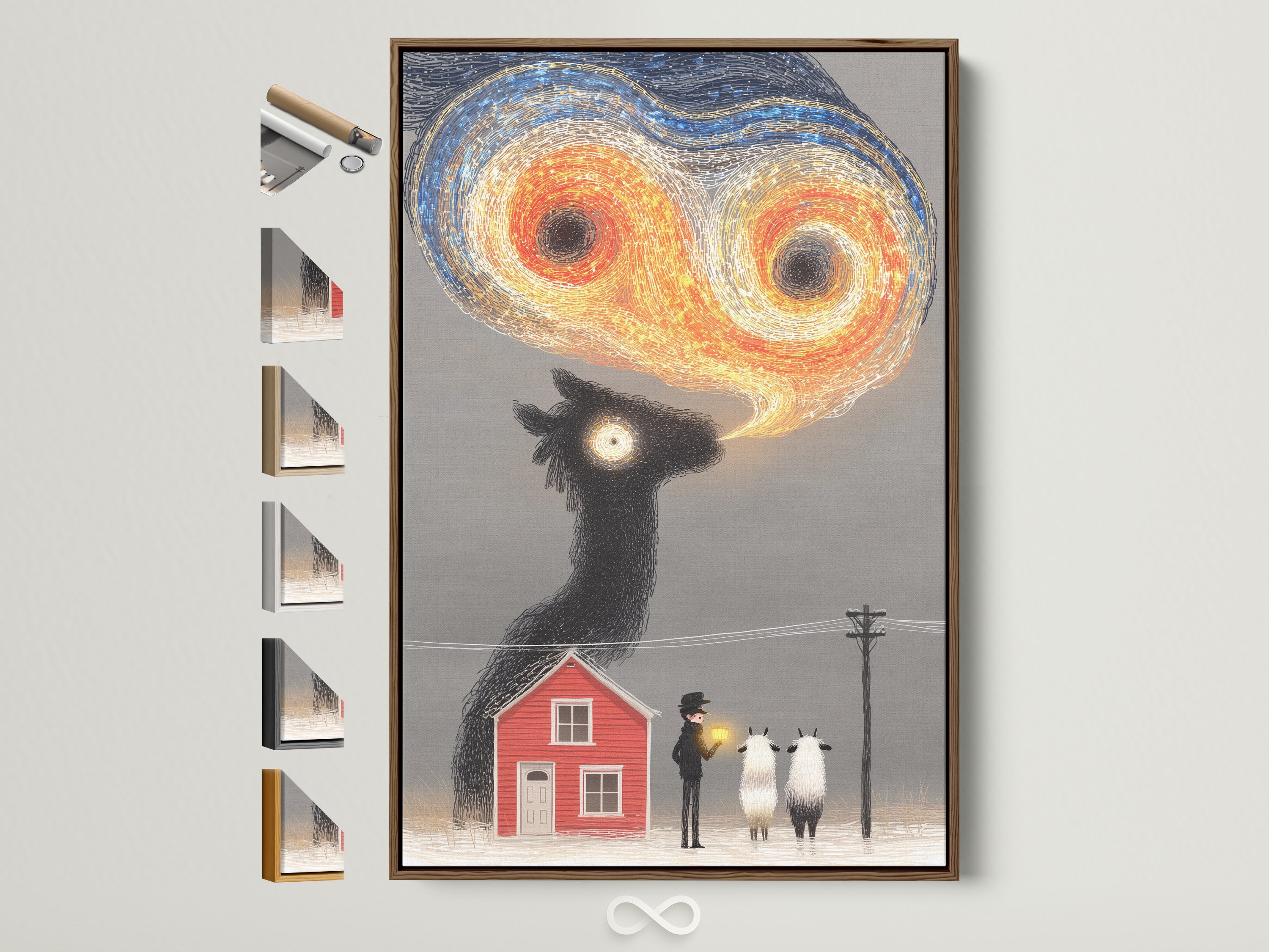Brown frame displays the whimsical sheep art. It features a surreal print with a red farmhouse. Other frame options are visible. Elevate your space with this quirky animal artwork. Perfect for study or farmhouse decor. A touch of storybook charm for any room. This piece adds a dreamlike quality to your home.