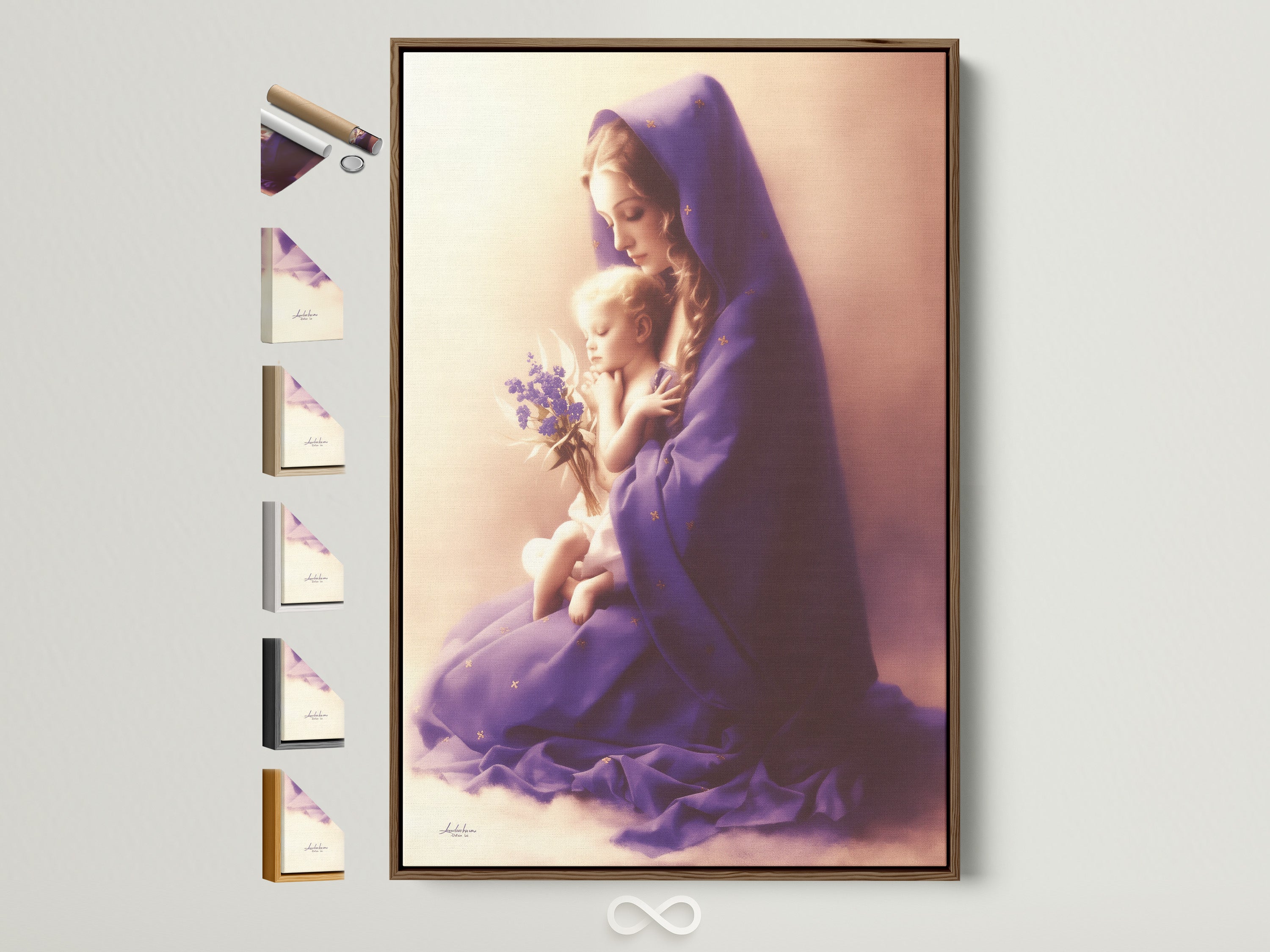 Victorian style Mother Child Art Print in a brown frame. See all frame options available. This religious wall art depicts Madonna and Baby in purple hues. Enhance your nursery bedroom decor with this spiritual artwork.