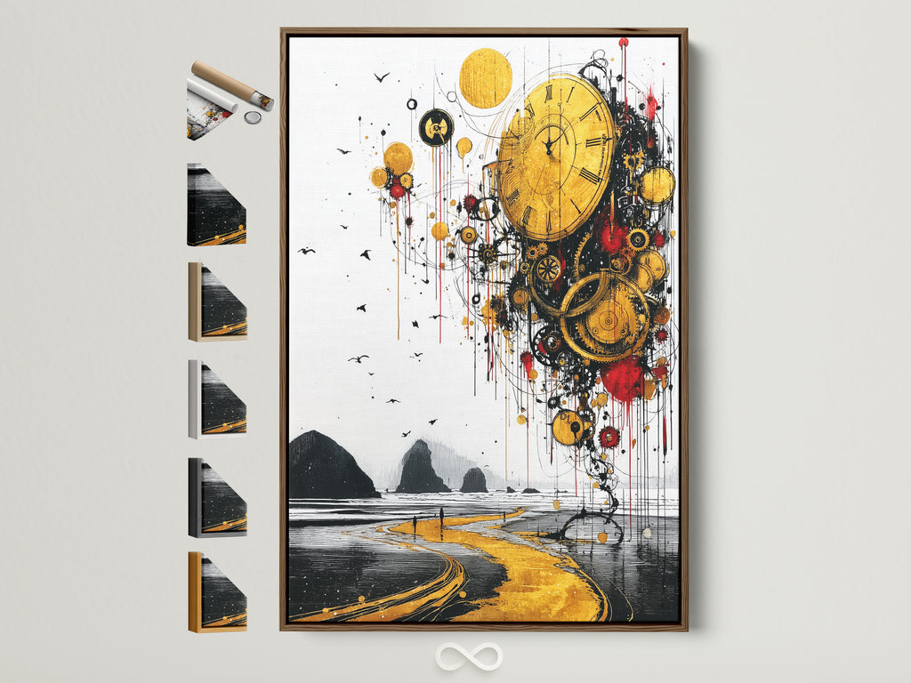 A brown frame is showcased with various frame options displayed alongside it. Explore our range of frame styles for surreal time artwork. Find the perfect frame to complement your abstract clock art. Discover options for steampunk wall art and more to enhance your space.