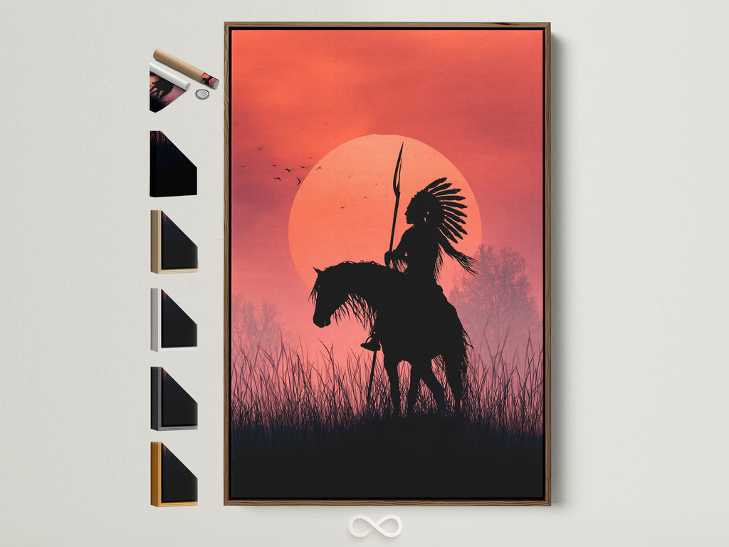 Artwork of an indigenous person on horseback at sunset is displayed in a brown frame. This wall art is next to other frames. The photo showcases all frame color options for canvas and posters. Decorate your home with stunning framed art.
