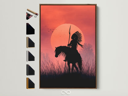 Artwork of an indigenous person on horseback at sunset is displayed in a brown frame. This wall art is next to other frames. The photo showcases all frame color options for canvas and posters. Decorate your home with stunning framed art.