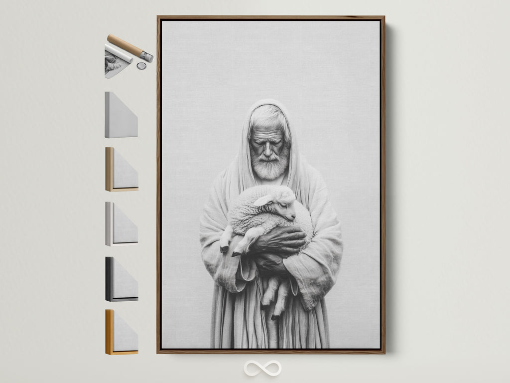 A framed artwork hangs on a light beige wall. The artwork has a brown frame. The frame is thin and modern. The art print is a black and white image of a man holding a lamb. This artwork is a beautiful addition to any home or office decor.