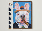 A framed French Bulldog artwork is displayed with various frame options beside it. The artwork features a cigar-smoking dog a quirky pet portrait ideal for man cave decor. Explore options for unique wall art and humorous pet portraits.