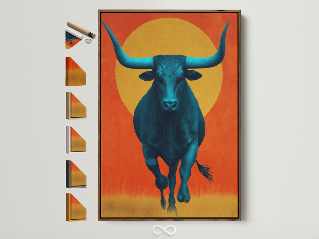 Explore framed Southwestern artwork featuring a teal bull. This modern farmhouse wall art is displayed in a brown frame. See all frame options available for this unique home decor. Perfect as a gift for him or anyone who appreciates animal artwork and western style.