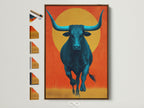 Explore framed Southwestern artwork featuring a teal bull. This modern farmhouse wall art is displayed in a brown frame. See all frame options available for this unique home decor. Perfect as a gift for him or anyone who appreciates animal artwork and western style.