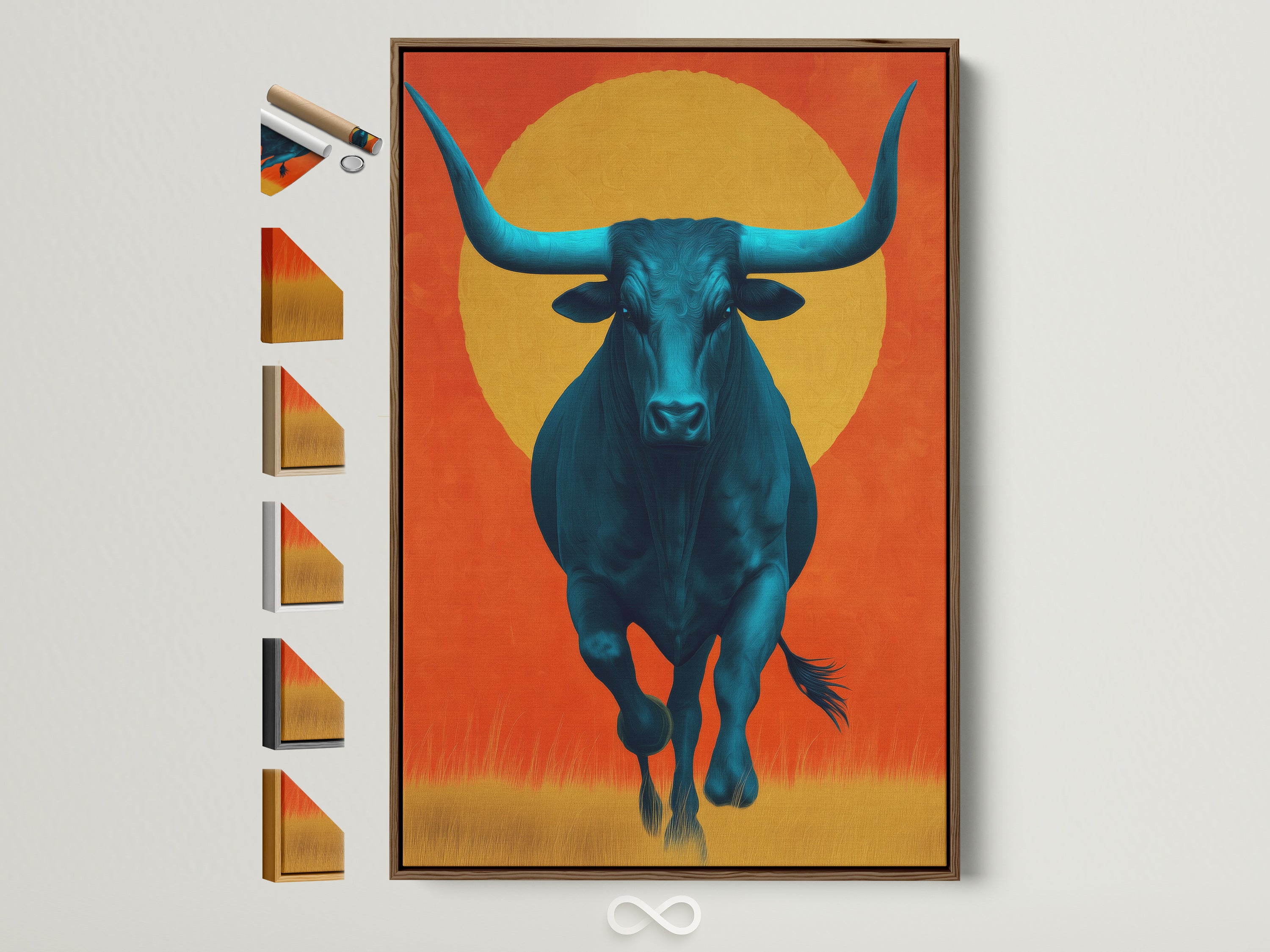 Explore framed Southwestern artwork featuring a teal bull. This modern farmhouse wall art is displayed in a brown frame. See all frame options available for this unique home decor. Perfect as a gift for him or anyone who appreciates animal artwork and western style.