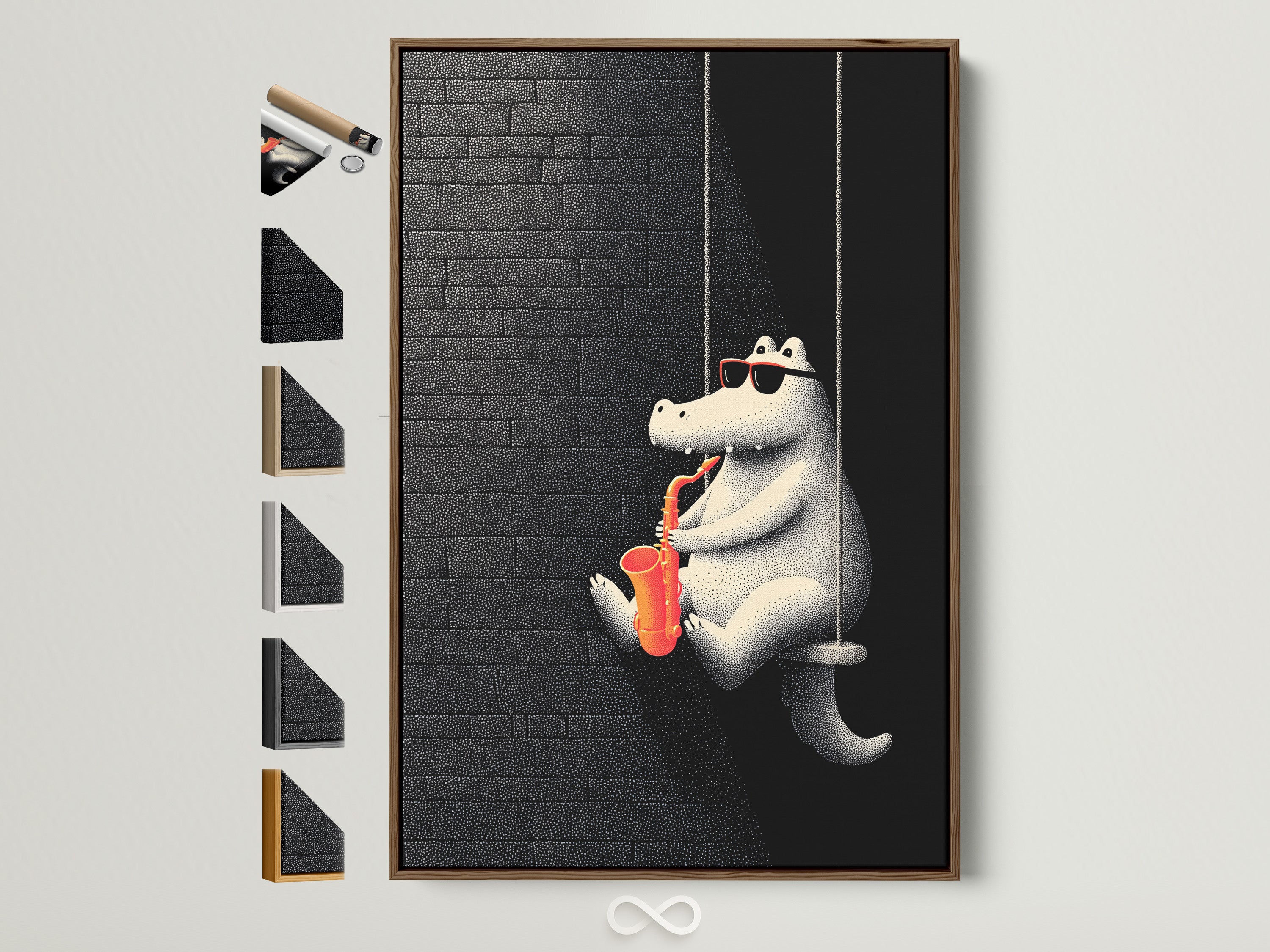 A captivating art piece is displayed within a brown frame. Notice the variety of frame choices presented on the side. This artwork is ready to enhance your space. Explore framing options and elevate your decor.