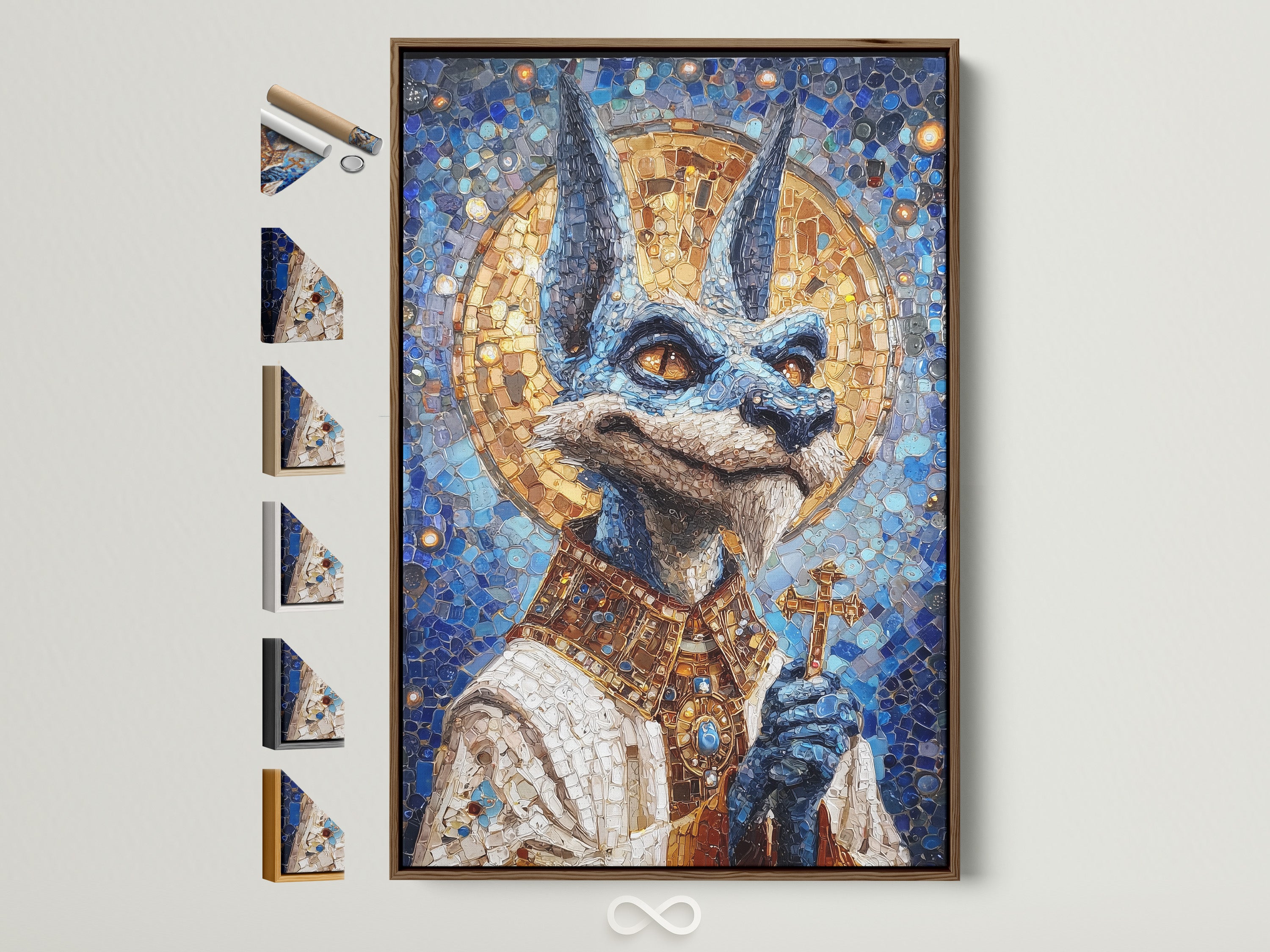 Anubis Mosaic Artwork Print with a brown frame. The artwork is an Egyptian God Wall Art piece. It features blue and gold religious imagery. Perfect gothic art for office wall decor. It can be customized with various frame options available on the side.