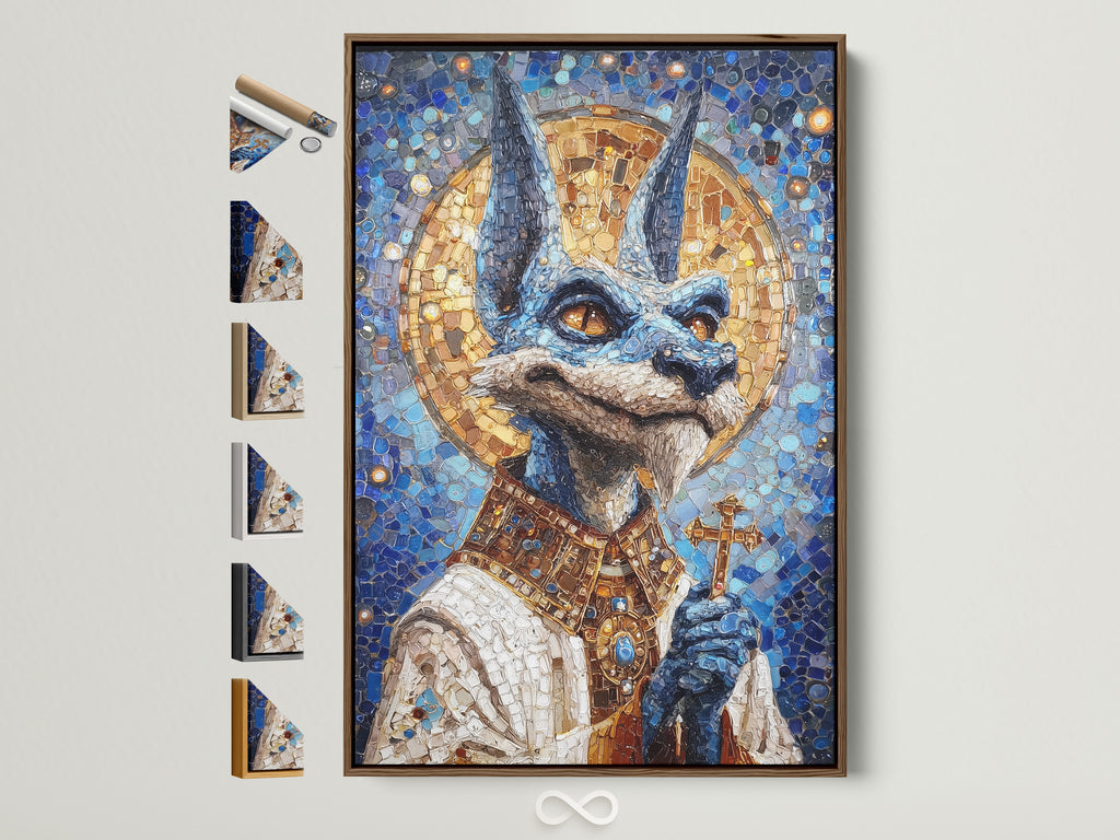 Anubis Mosaic Artwork Print with a brown frame. The artwork is an Egyptian God Wall Art piece. It features blue and gold religious imagery. Perfect gothic art for office wall decor. It can be customized with various frame options available on the side.