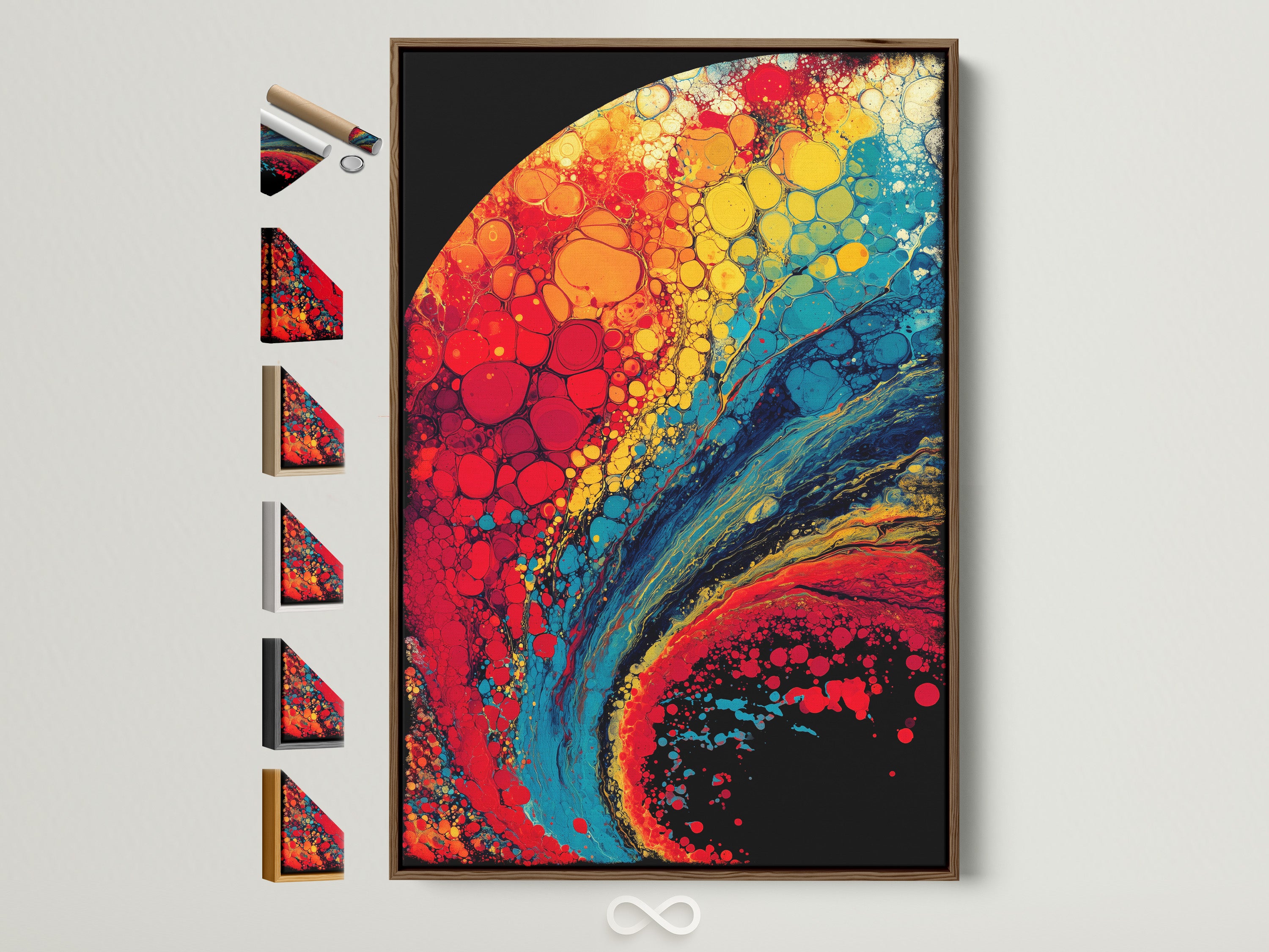 Artwork in a brown frame is displayed with other frame options. Explore various frame styles to perfectly complement your artwork. See how each frame enhances the piece. Find the ideal frame to match your taste and decor.