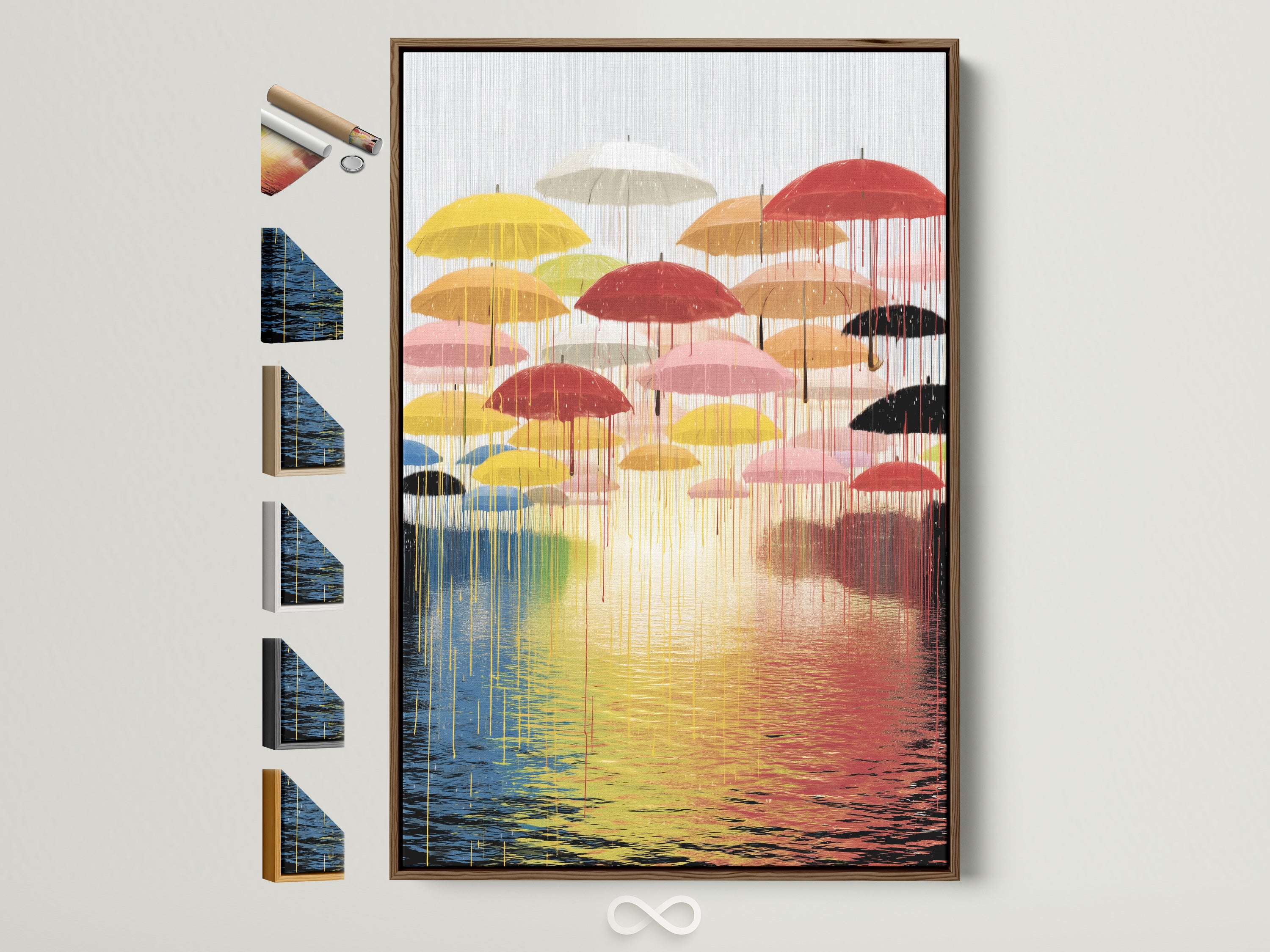 Explore framed 'Umbrella' artwork. This modern abstract piece features a colorful reflection wall art. It is displayed in a brown frame. See all available frame options. Perfect for adding a vibrant touch to any room in your home or office. This art will elevate your wall decor.