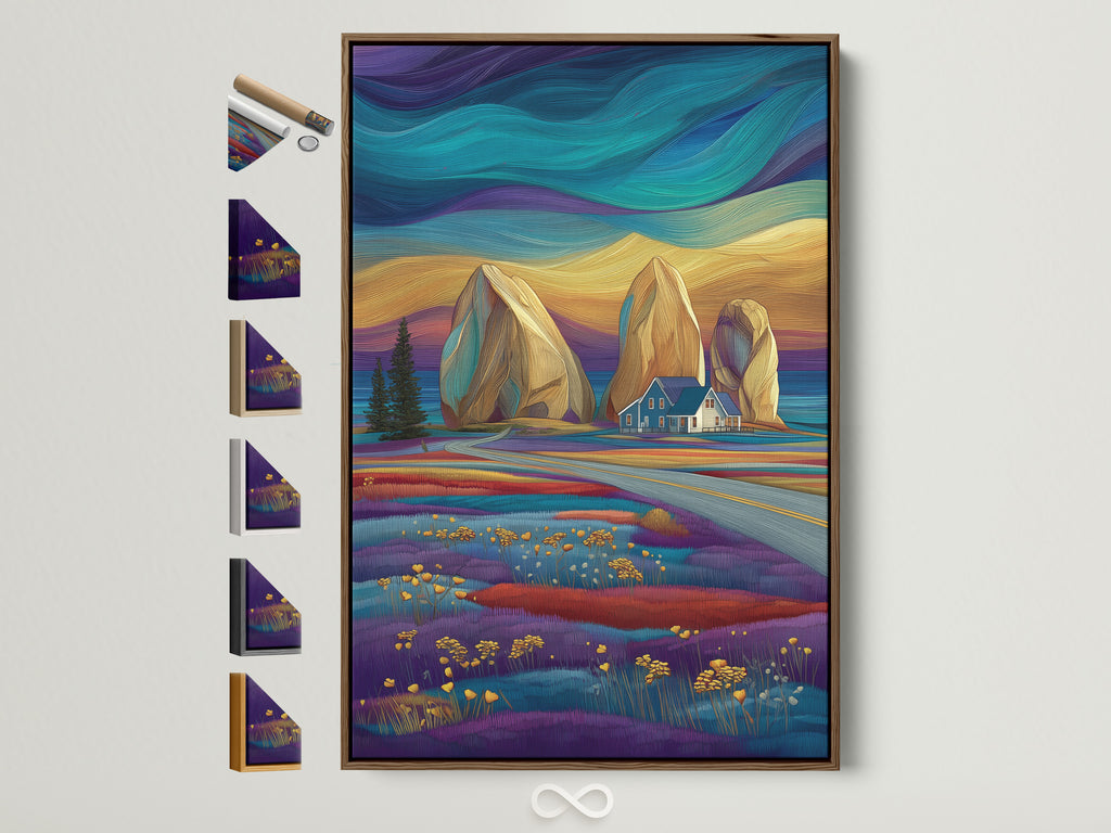 Stylized seascape artwork in a brown frame hangs on a white wall. The art features a coastal landscape with teal and purple hues. Frame options are visible on the side. Perfect for modern coastal decor.