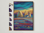 Stylized seascape artwork in a brown frame hangs on a white wall. The art features a coastal landscape with teal and purple hues. Frame options are visible on the side. Perfect for modern coastal decor.