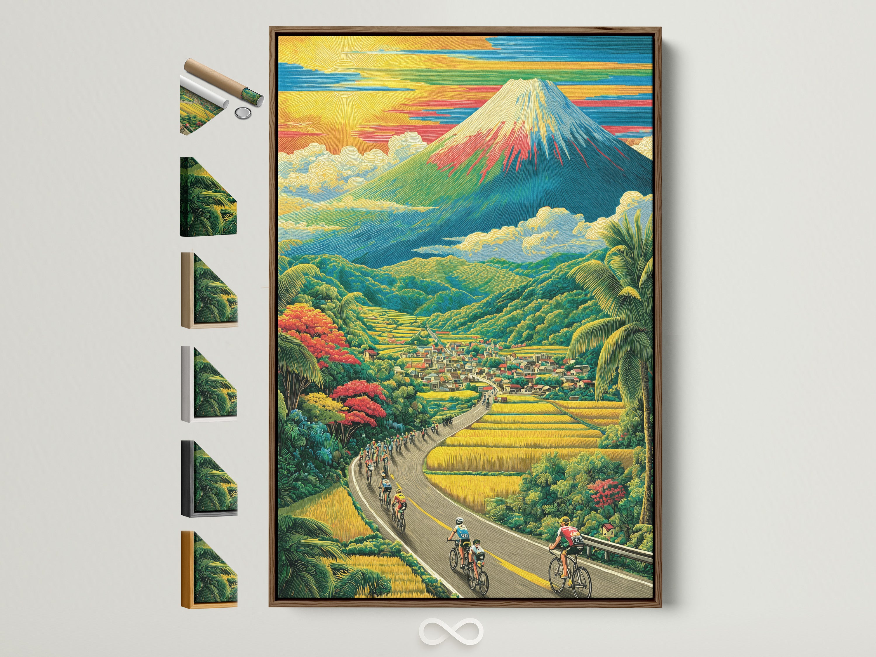 A beautiful landscape artwork in a brown frame is displayed. The artwork showcases a winding road with cyclists. A quaint village and majestic mountain are visible in the background. Explore framing options to enhance your space.