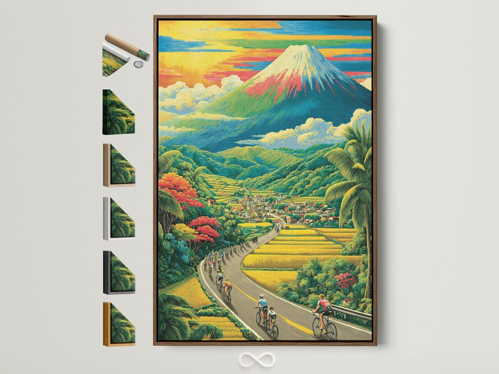 A beautiful landscape artwork in a brown frame is displayed. The artwork showcases a winding road with cyclists. A quaint village and majestic mountain are visible in the background. Explore framing options to enhance your space.