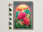 Framed tropical flower artwork featuring pink hibiscus and white plumeria. The art piece is displayed in a brown frame against a white wall. Various frame styles are showcased. Find the perfect frame to complement your art. Explore our selection today.