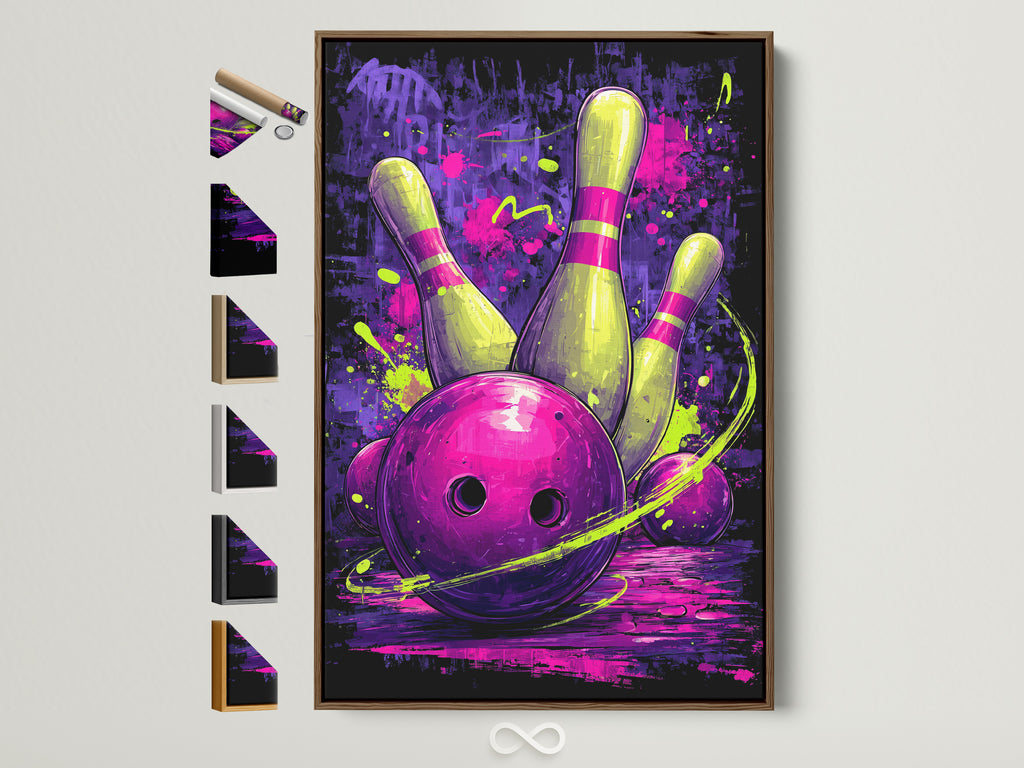 Neon purple sports wall art featuring a bowling strike is showcased in a brown frame. This retro bowling alley canvas print adds a vibrant touch to any game room. Various frame options are displayed on the side. It offers a customizable aesthetic for your sports-themed decor.