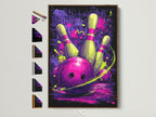 Neon purple sports wall art featuring a bowling strike is showcased in a brown frame. This retro bowling alley canvas print adds a vibrant touch to any game room. Various frame options are displayed on the side. It offers a customizable aesthetic for your sports-themed decor.