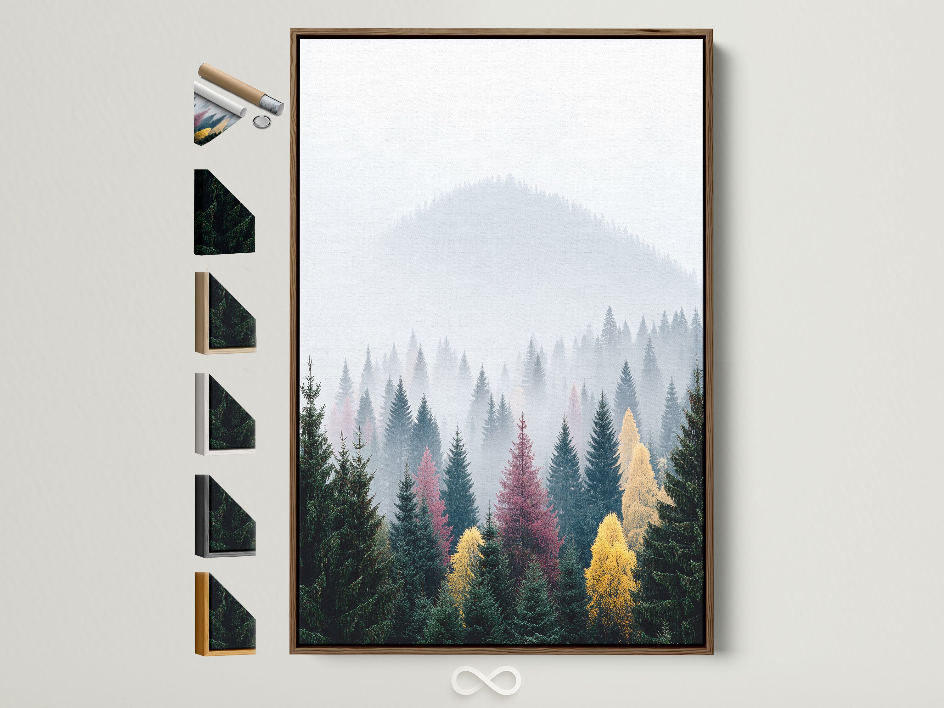 Misty Evergreen Wall Art in a brown frame. This mountain forest canvas print brings nature indoors. Notice all frame options displayed on the side. Perfect bedroom wall decor. The artwork complements minimalist and rustic styles. Bring nature home today.