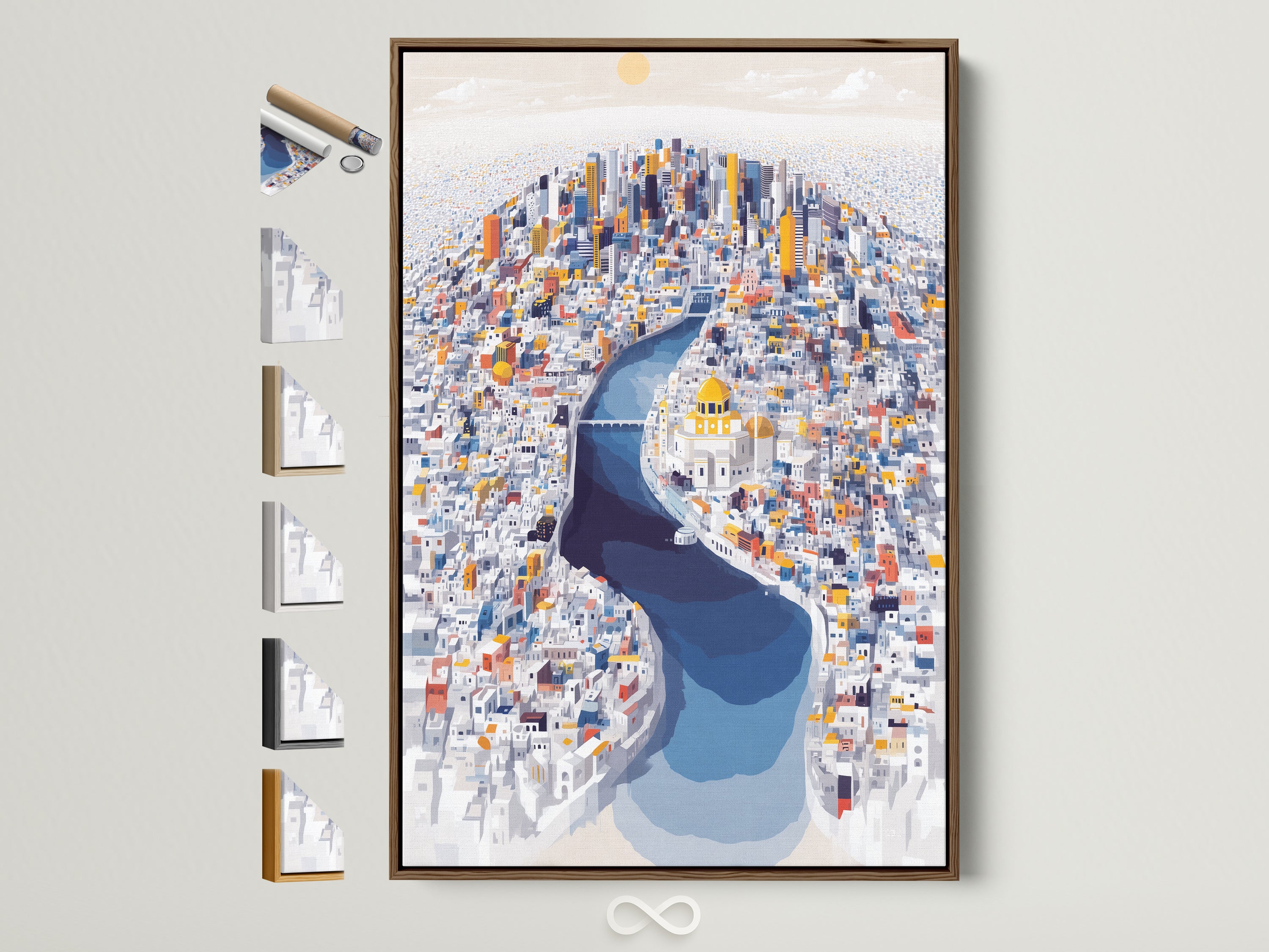 A cityscape artwork is displayed in a brown frame. This colorful urban wall art brings a modern architectural aesthetic. See all available frame options for this beautiful piece. Perfect for adding a touch of urban flair to any room. Enhance your space with this vibrant architectural artwork.