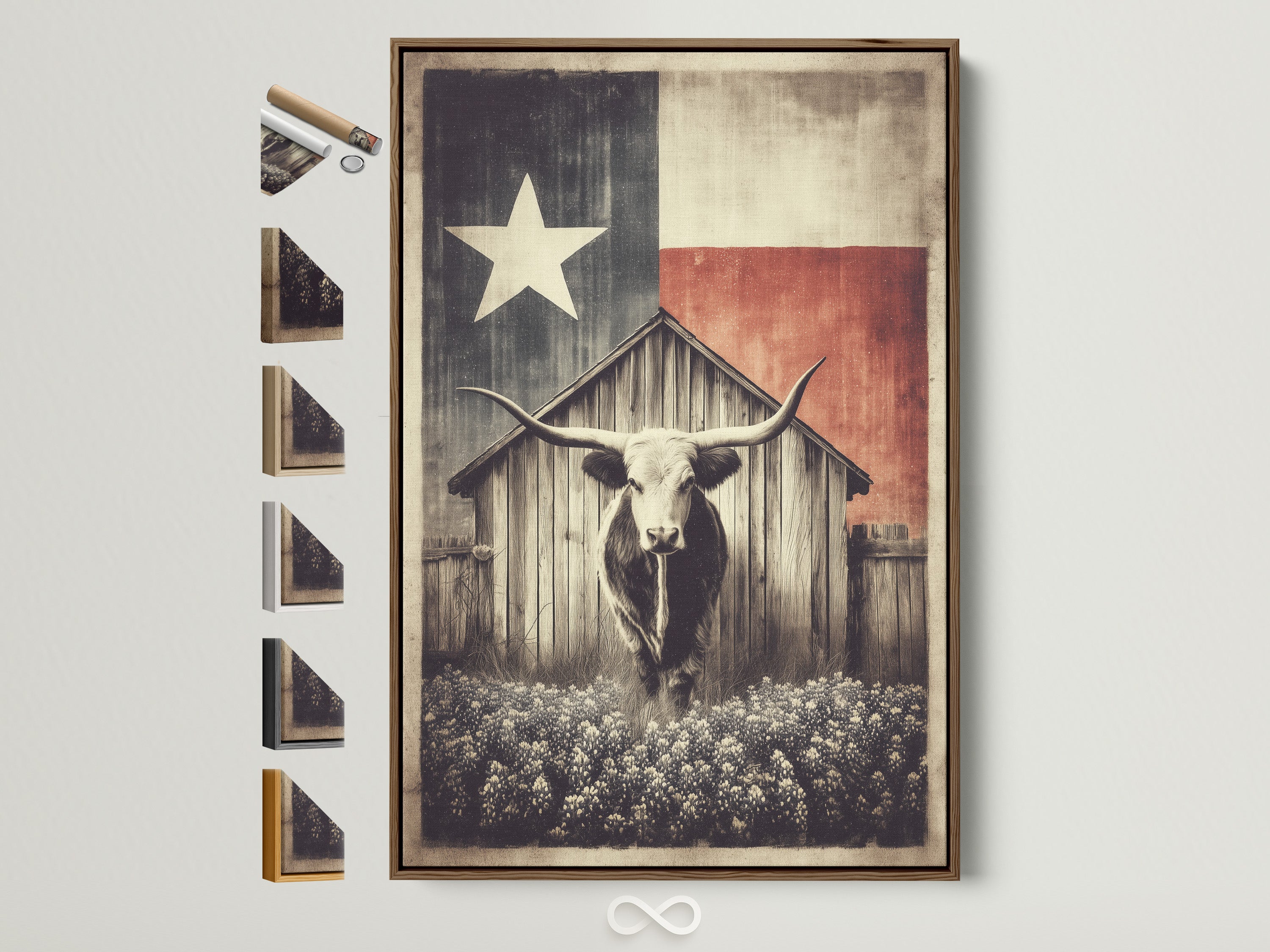 Texas Longhorn art print in a brown frame. The artwork features a longhorn in front of a wooden barn. A Texas flag is behind the barn. This rustic farm wall art brings vintage western decor to any office space. Check out all our frame options.