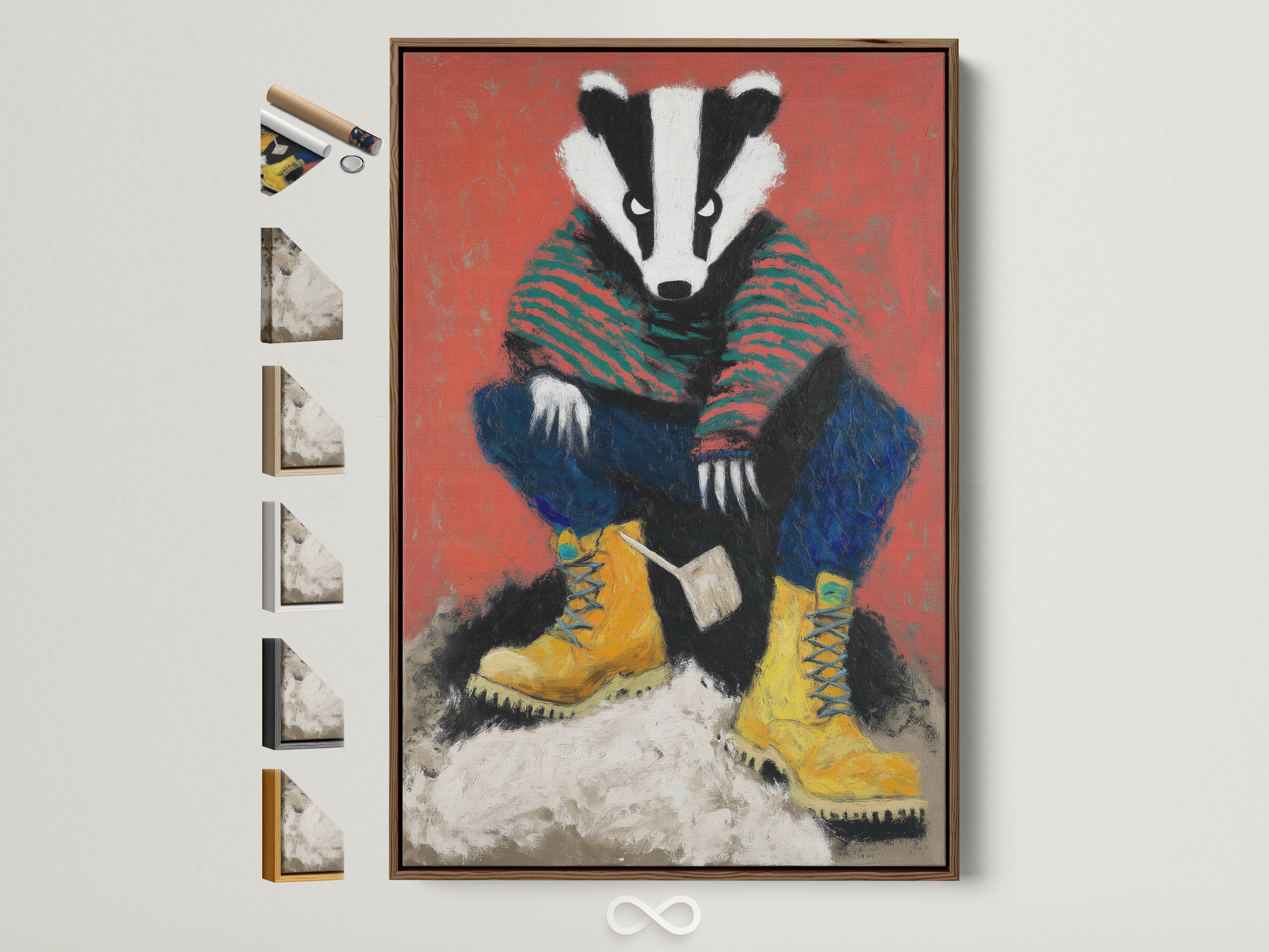 A whimsical badger artwork print in a brown frame is displayed. Various frame options are showcased beside it. This folk-style woodland creature canvas adds charm to any nursery or kids room. It is perfect for adding a touch of nature and quirkiness to your children's art collection.