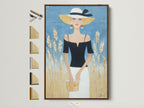 Elegant Woman Canvas Print framed in brown. This chic fashion wall art features a modern portrait artwork ideal for boutique decor. The art deco style adds a touch of refinement. Perfect for stylish print lovers. Explore framing options for a personalized touch.