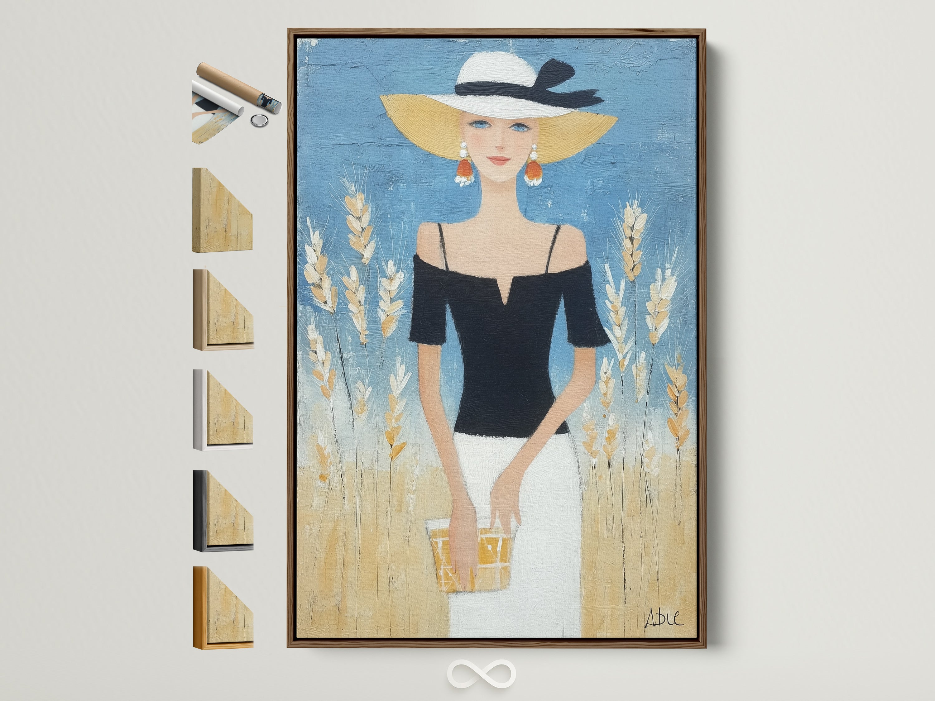 Elegant Woman Canvas Print framed in brown. This chic fashion wall art features a modern portrait artwork ideal for boutique decor. The art deco style adds a touch of refinement. Perfect for stylish print lovers. Explore framing options for a personalized touch.