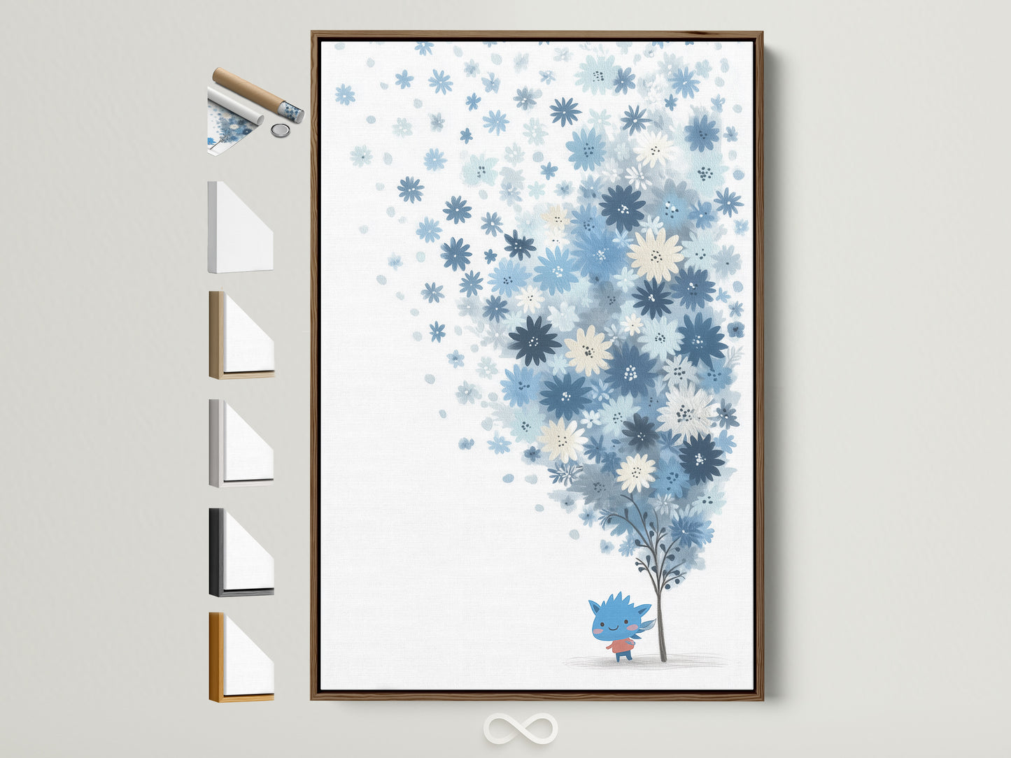 A blue floral canvas print in a brown frame hangs on a white wall. The artwork features a whimsical flower tree art design. See all frame options available. This pastel botanical art is perfect for nursery decor or kids room artwork. A modern and inviting piece.