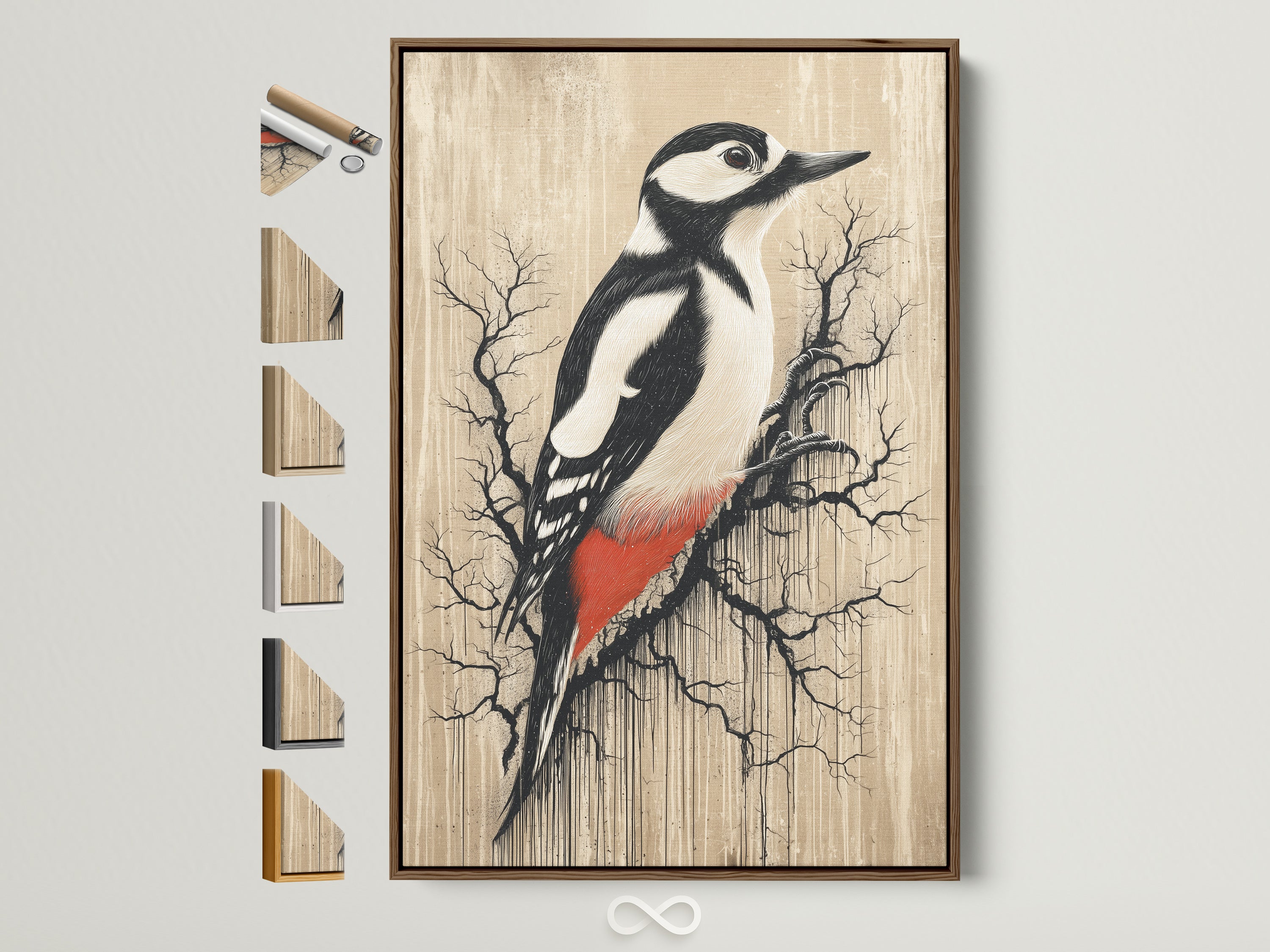 Woodpecker vintage bird wall artwork with a brown frame. The frame is displayed with all frame options on the side. This neutral tone artwork is perfect for a study room. Ornithology art for birdwatchers and nature lovers. A rustic piece that elevates minimalist farmhouse and eclectic styles