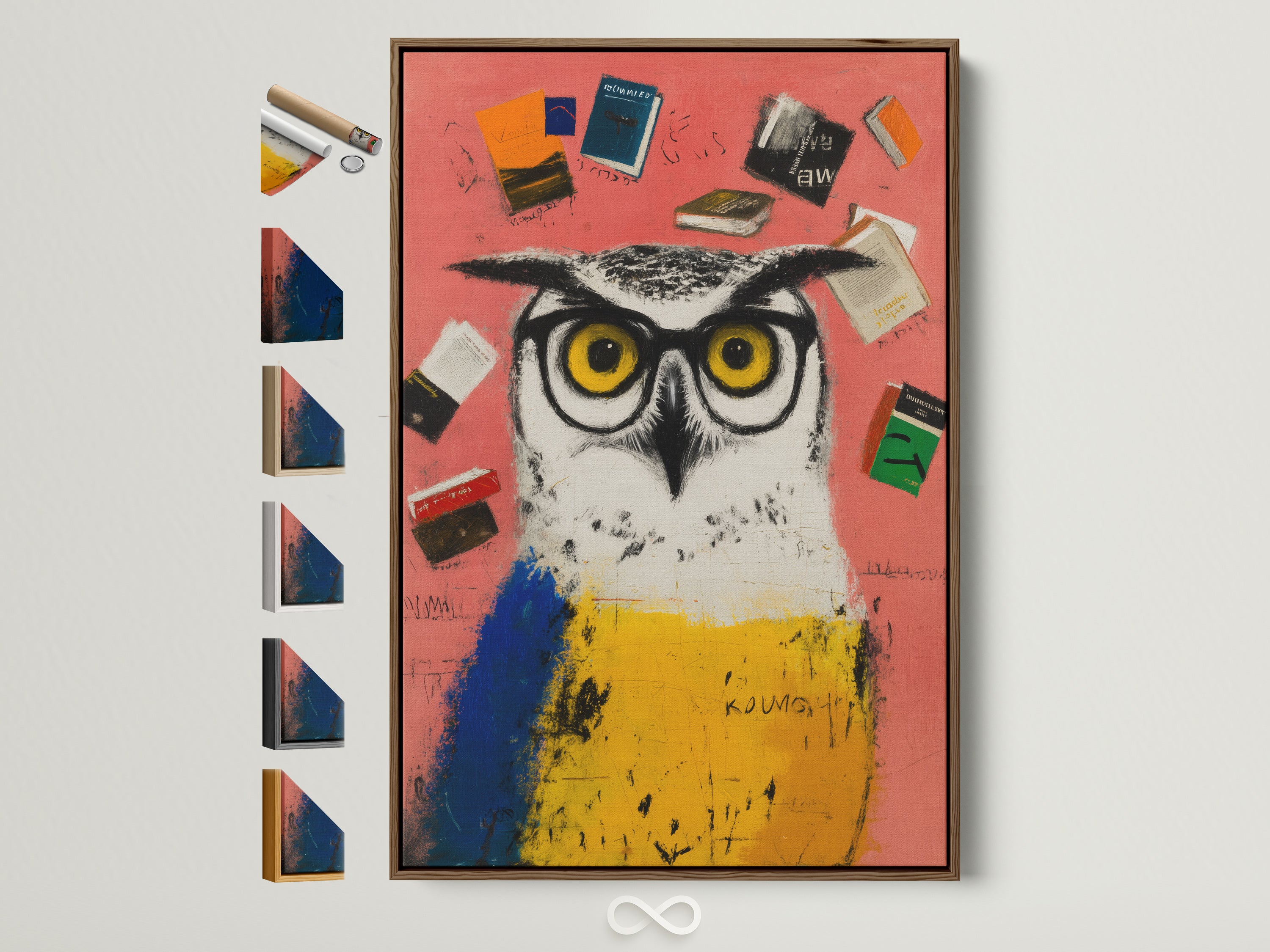 Scholarly Owl art print with a brown frame. This whimsical animal wall art features an owl with books. Frame options are displayed on the side. Perfect academic study room decor and a unique gift for students or book lovers. The artwork adds a quirky touch to any wall.