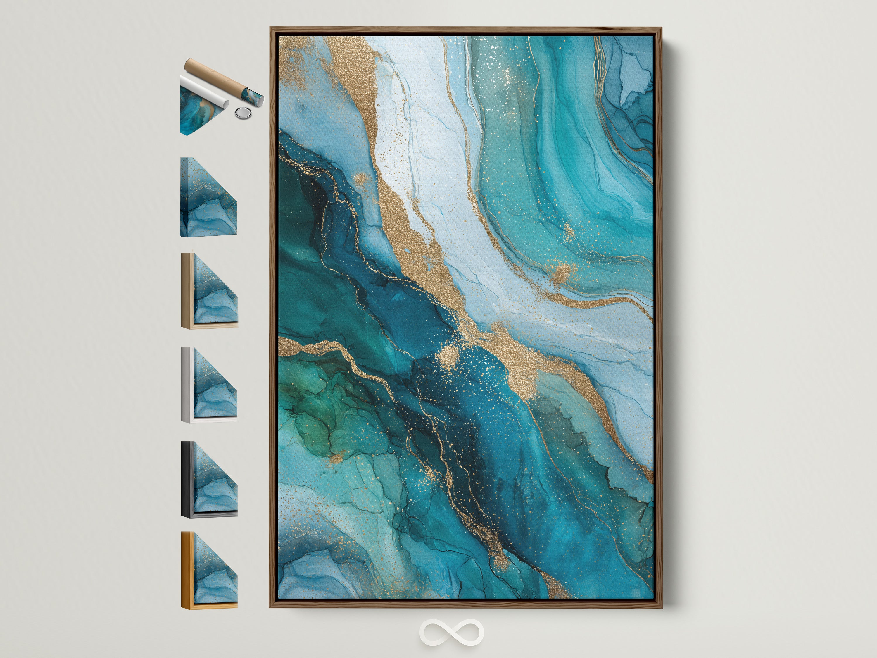 Abstract Ocean artwork with teal blue and gold accents is displayed in a brown frame. Explore frame options to customize your wall art. Find the perfect frame to complement your modern wall decor. This artwork enhances minimalist coastal or luxe styles.