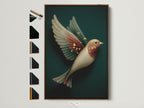Elegant bird artwork in a brown frame. This fantasy wall art features neutral tones perfect for a bedroom. The whimsical home decor adds a touch of magic. See all available frame options for this ethereal art print.