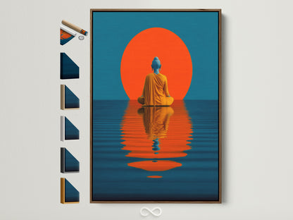 A serene teal and orange Buddha artwork hangs on a white wall. It features a brown frame. See all our frame color and style options on our website. This meditation wall art adds a peaceful touch to any space. Perfect for yoga studios living rooms and bedrooms. Find spiritual gifts and zen decor for modern homes.