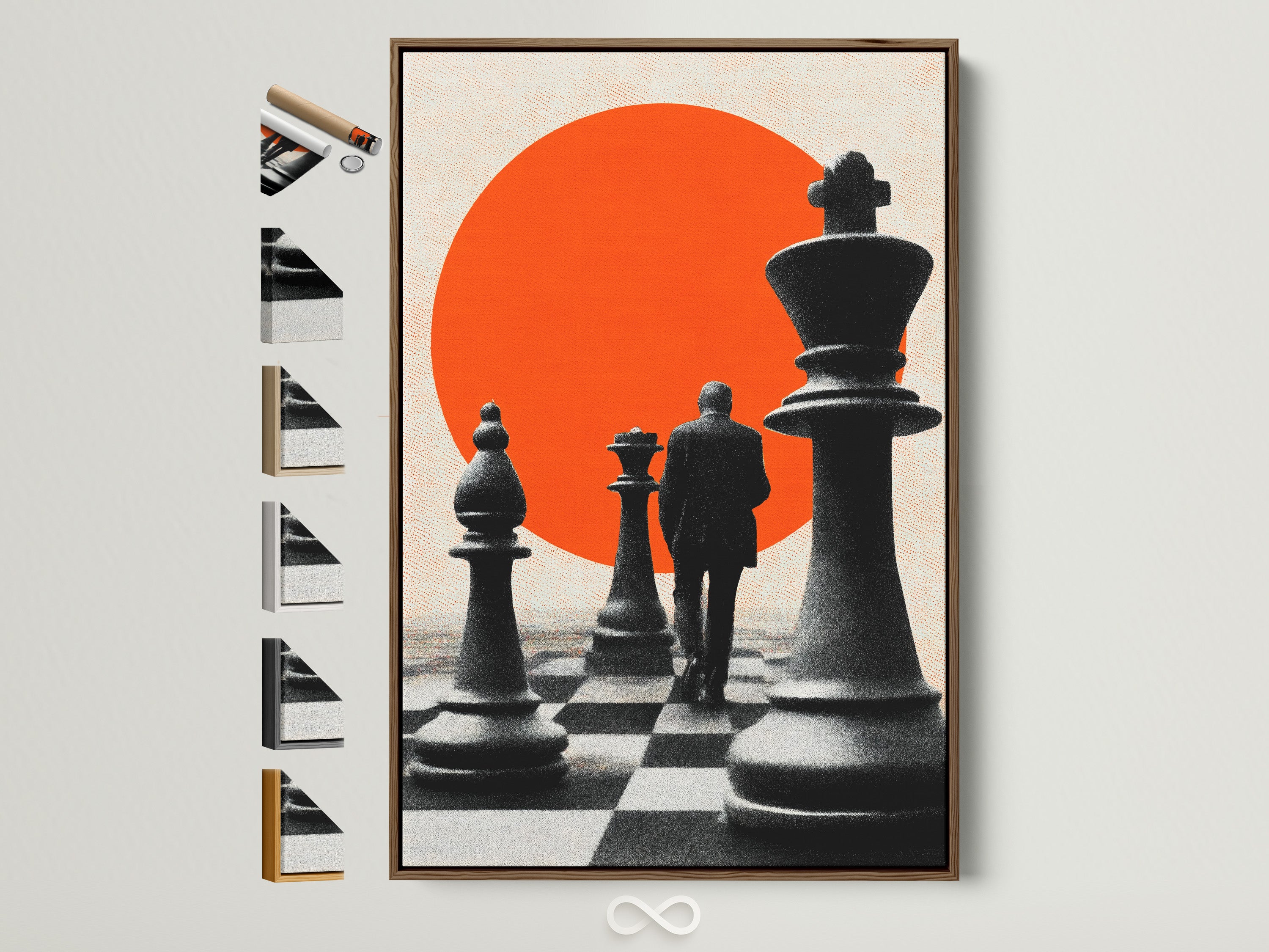Brown frame displays a chess themed artwork. The art features chess pieces and a person against a red sun backdrop. Frame options are visible on the side. Enhance your space with this framed print.