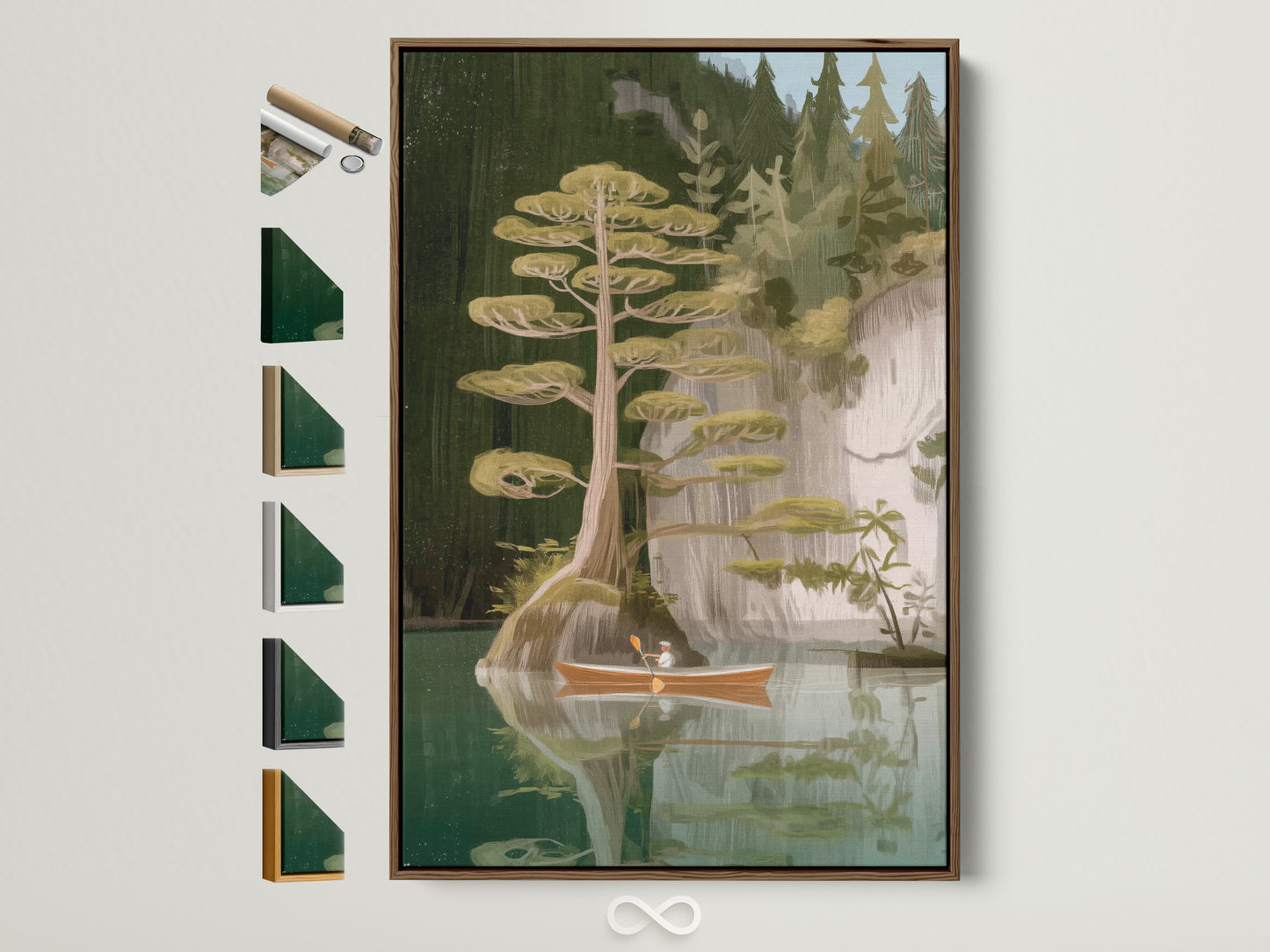 Lake and Canoe Canvas Print in a brown frame. See all our frame options. Find the perfect frame to complement your rustic cabin decor. Elevate your space with tranquil waters wall art. Discover art that brings the beauty of nature indoors.