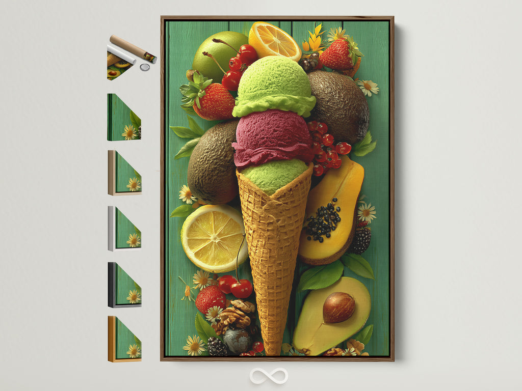 A vibrant framed art print is showcased. It features a triple scoop ice cream cone. The backdrop includes an array of fresh fruits. Frame options are displayed beside the artwork. Enhance your space with unique framed artwork.