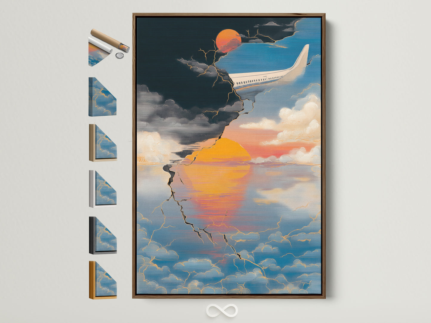 Aviation Travel Poster with an abstract sunset. The artwork has a brown frame. Several frame options are displayed on the side. This aviation print is perfect for office or home decor.