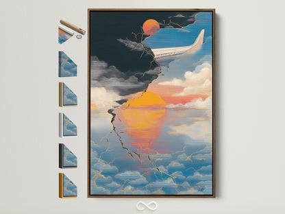 Aviation Travel Poster with an abstract sunset. The artwork has a brown frame. Several frame options are displayed on the side. This aviation print is perfect for office or home decor.
