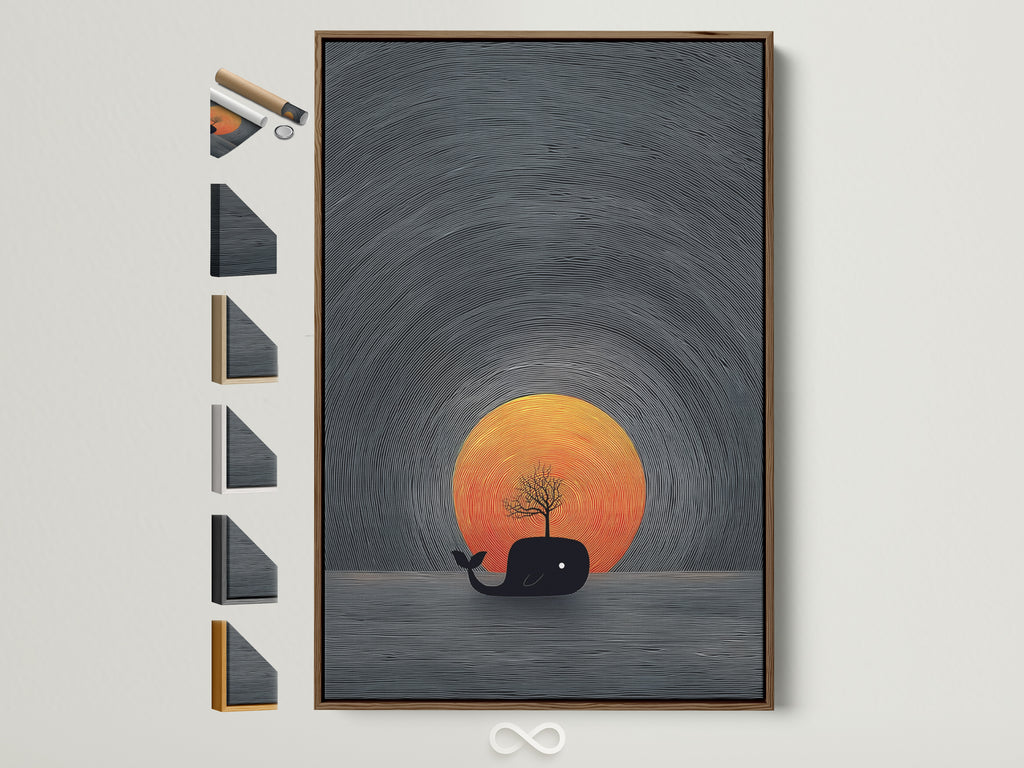 Brown frame displays a surreal nautical artwork. The Whale Sunset Canvas Print features a minimalist ocean artwork for coastal home decor. See frame options available on the side. Perfect for adding a touch of Scandinavian style to any room.