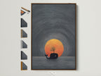 Brown frame displays a surreal nautical artwork. The Whale Sunset Canvas Print features a minimalist ocean artwork for coastal home decor. See frame options available on the side. Perfect for adding a touch of Scandinavian style to any room.