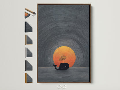Brown frame displays a surreal nautical artwork. The Whale Sunset Canvas Print features a minimalist ocean artwork for coastal home decor. See frame options available on the side. Perfect for adding a touch of Scandinavian style to any room.