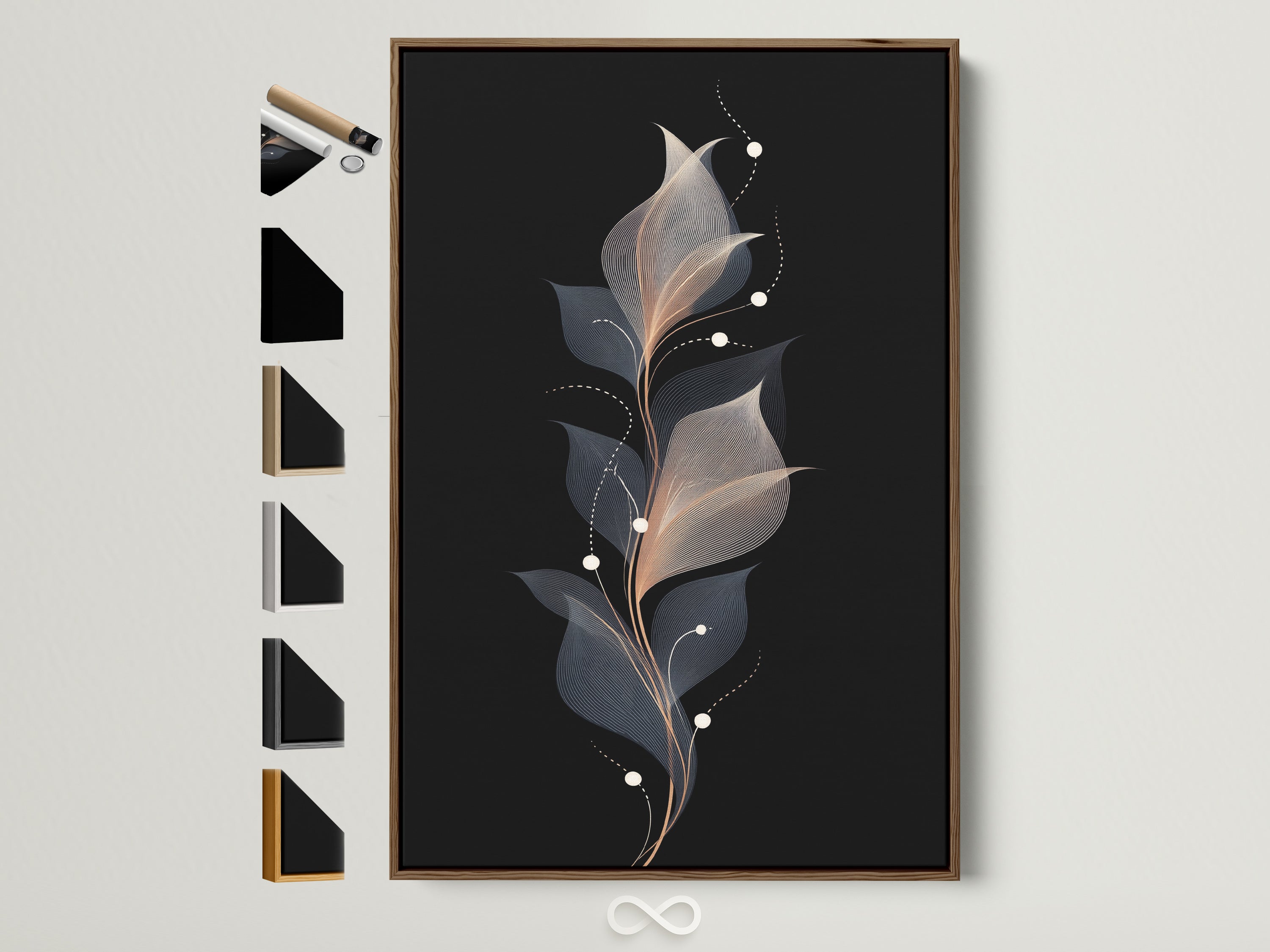 Floral line art canvas print in a brown frame. This abstract flower wall art is modern botanical artwork for a bedroom. See frame options available on the side. This artwork is perfect for adding subtle elegance to your home.