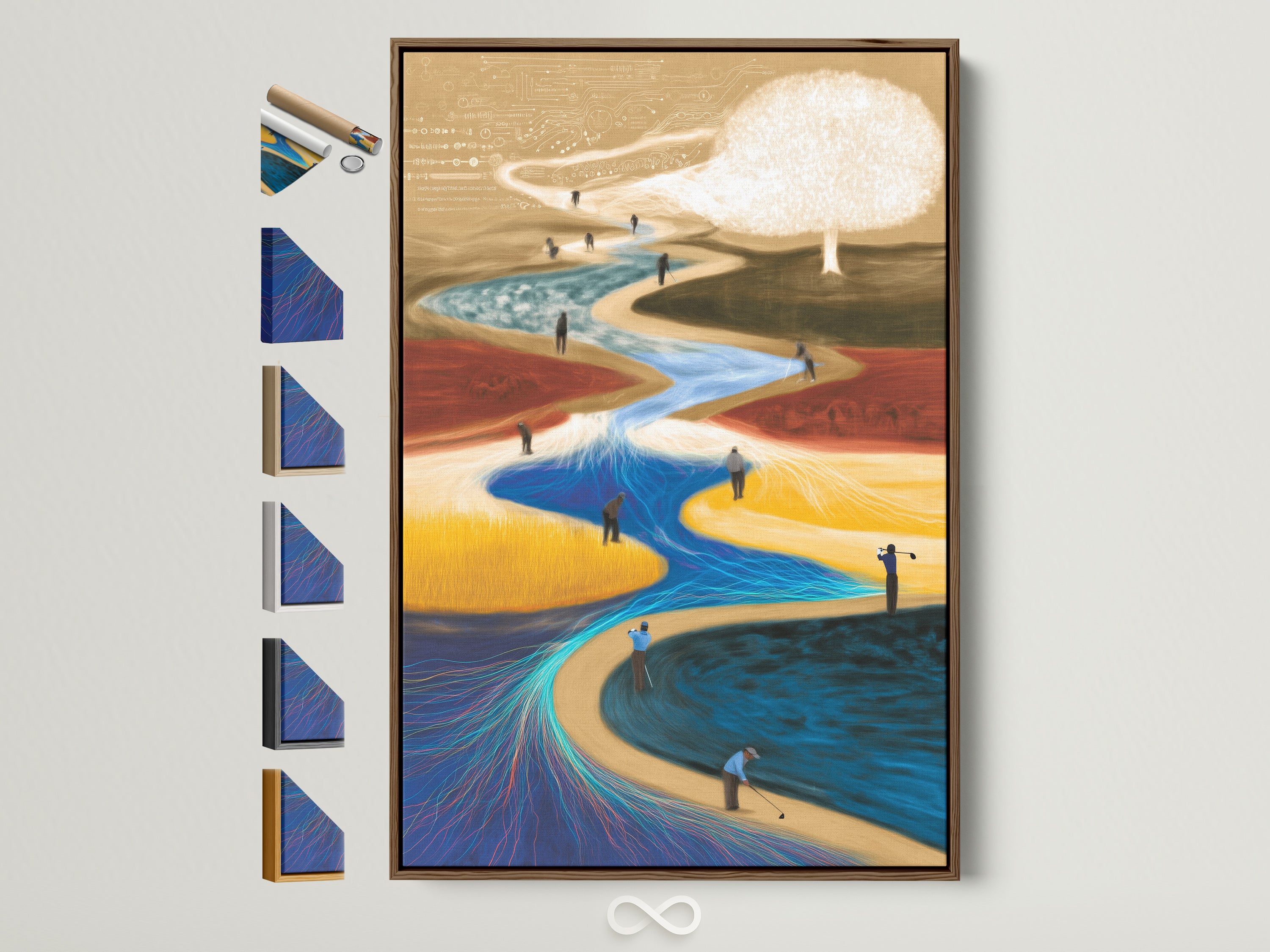 Surreal landscape artwork with a brown frame. It features a winding river and figures. This abstract dreamscape wall art adds a contemporary touch to any space. The artwork has all frame options displayed.